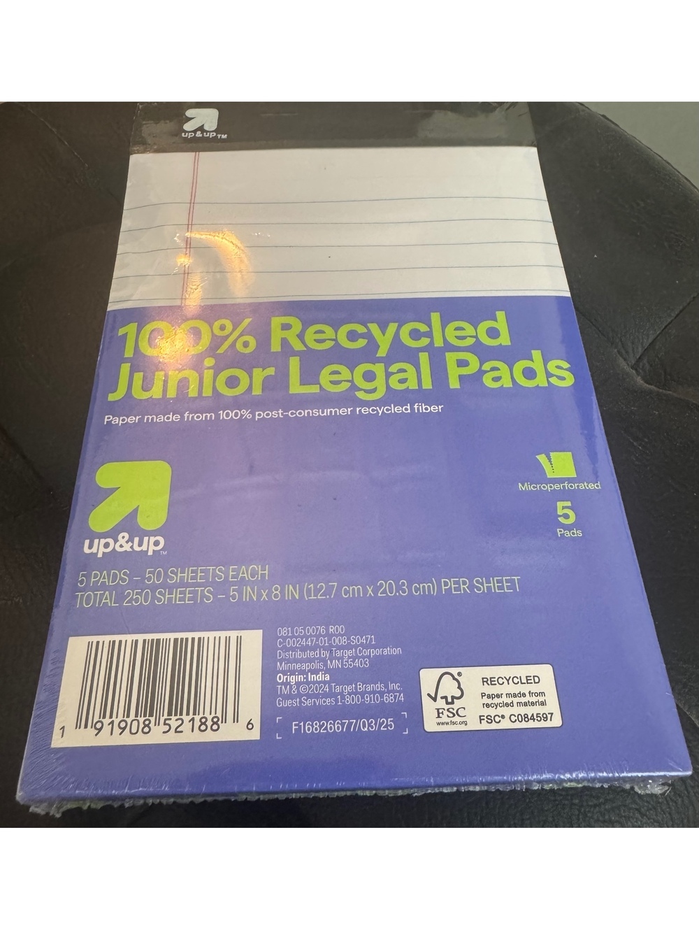 Up & Up 100% Recycled Junior Legal Pads, 5 Pads, 50 Sheets Each, 5 x 8 Inches